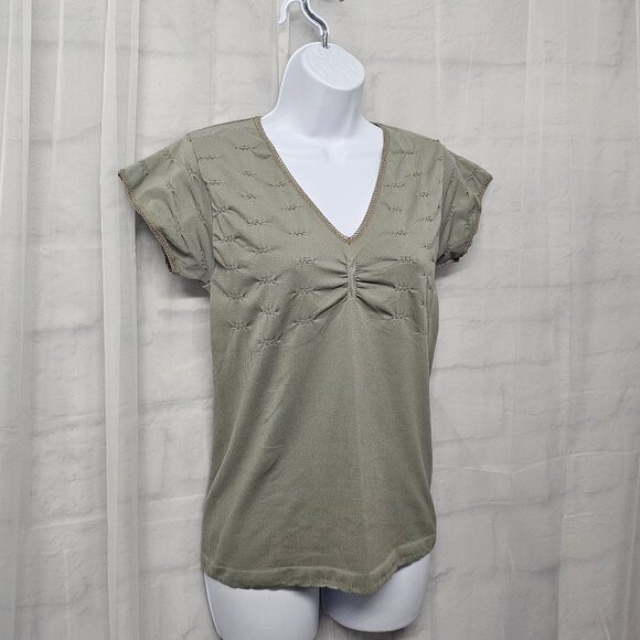 Vintage Olive Green Tee Top Y2K Fairy Twee Crochet Trim Ruched Ribbed Bodycon XL - Picture 5 of 11